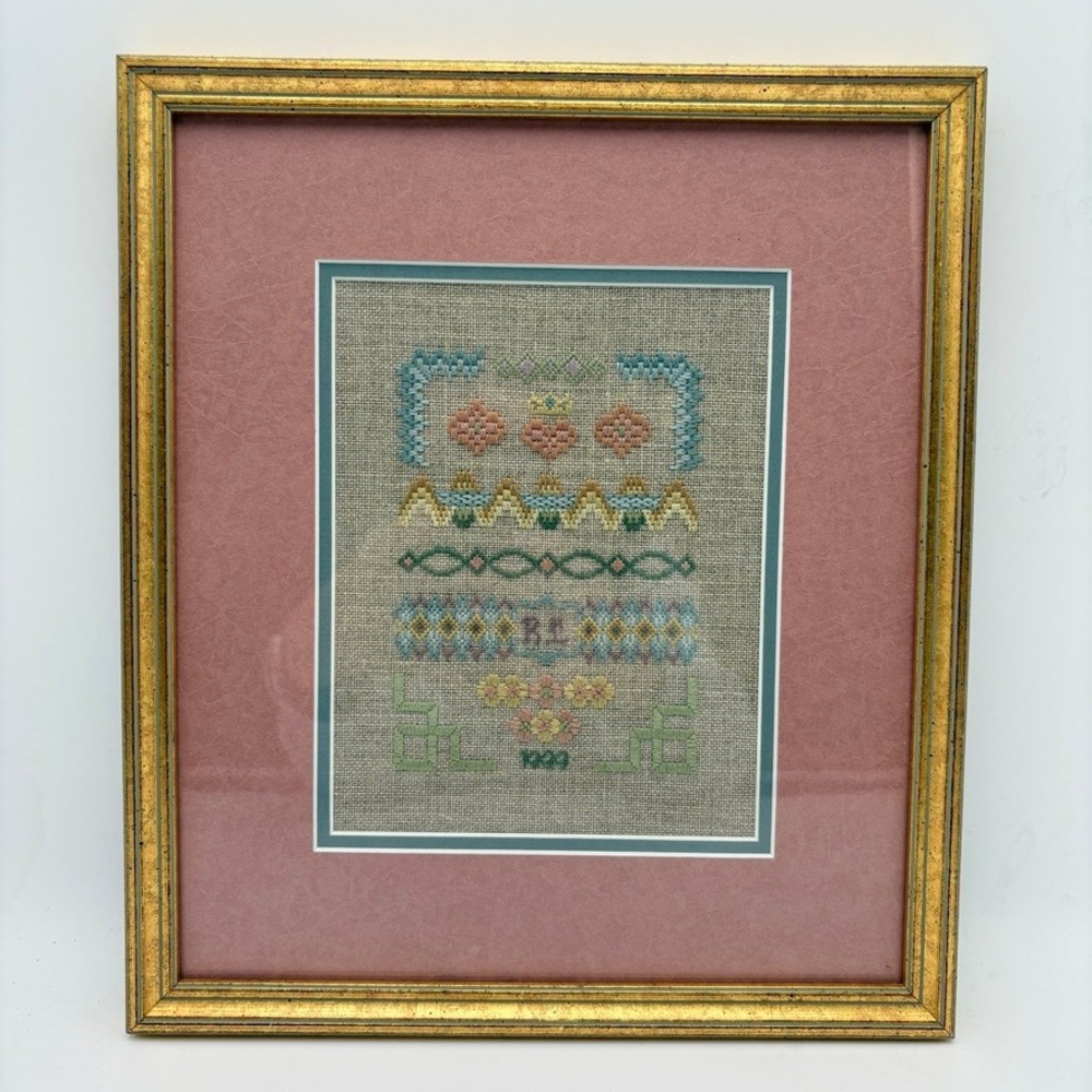 Vintage 1999 Handmade Embroidery Stitch Sampler Framed Wall Art Initialed R.L.